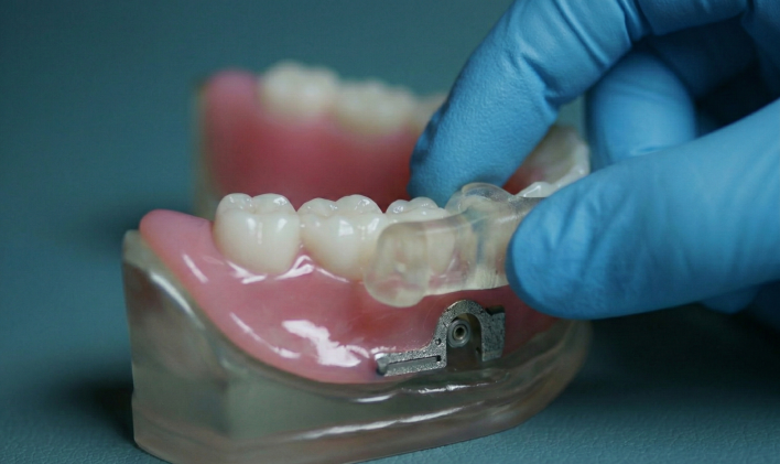 Close-up of a dental professional demonstrating with a teeth model in a clinic setting.